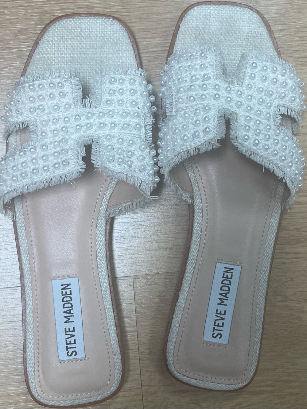 Steve Madden Ivory Pearl-Embellished Slide Sandals